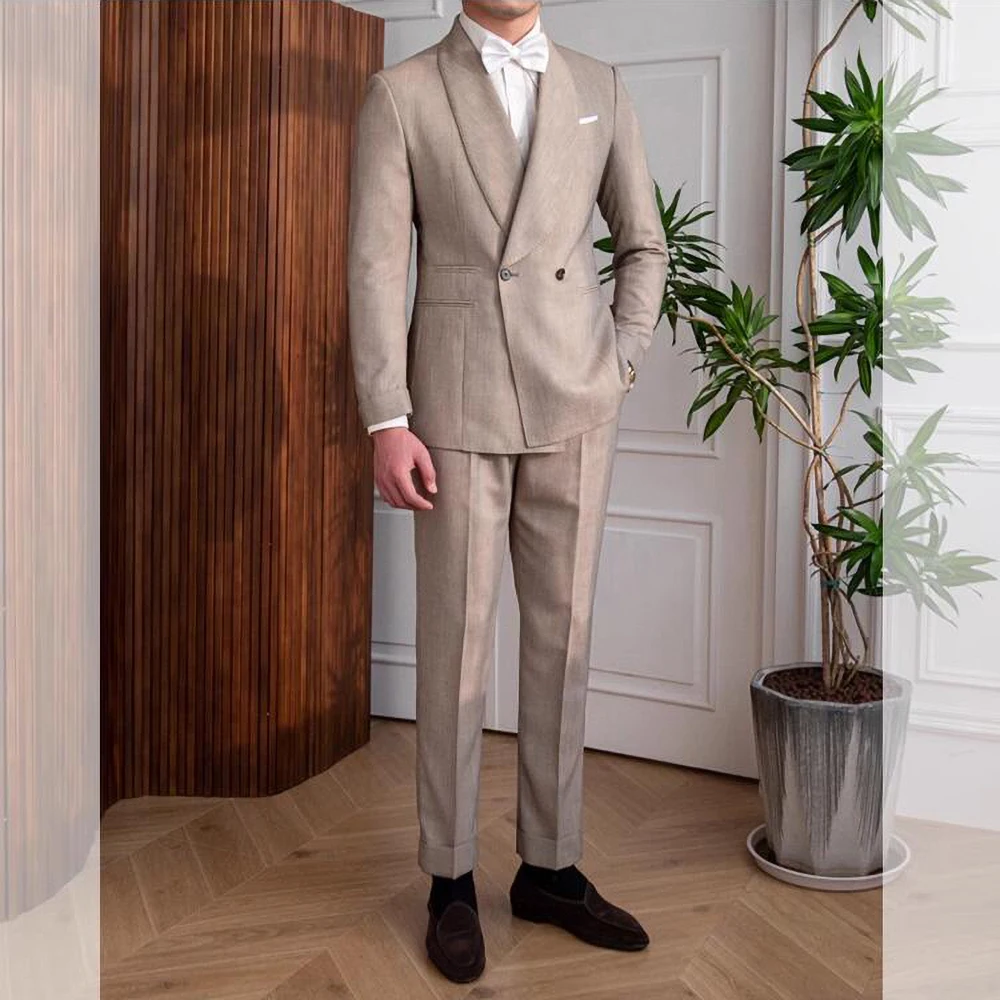 Summer New Men Suit Khaki Shawl Lapel Linen Male Suits Party Evening Dinner Formal Fashion Gentleman 2 Piece Blazer Pants