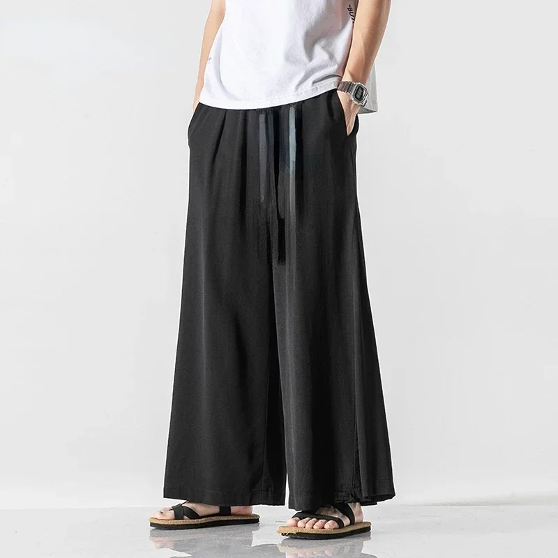 Chinese Style Men Clothing Summer Thin Ice Silk Casual Wide Pants Loose Plus Size Hakama Harajuku Oversized Trousers