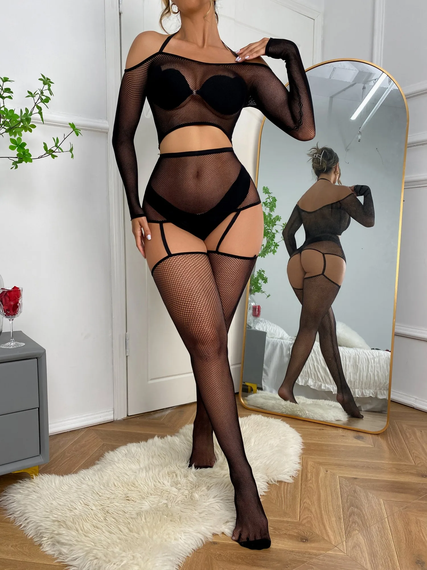 Sexy Fishnet Lingeire Bodycon 2 Piece Suit Full Body Stocking Bodystocking