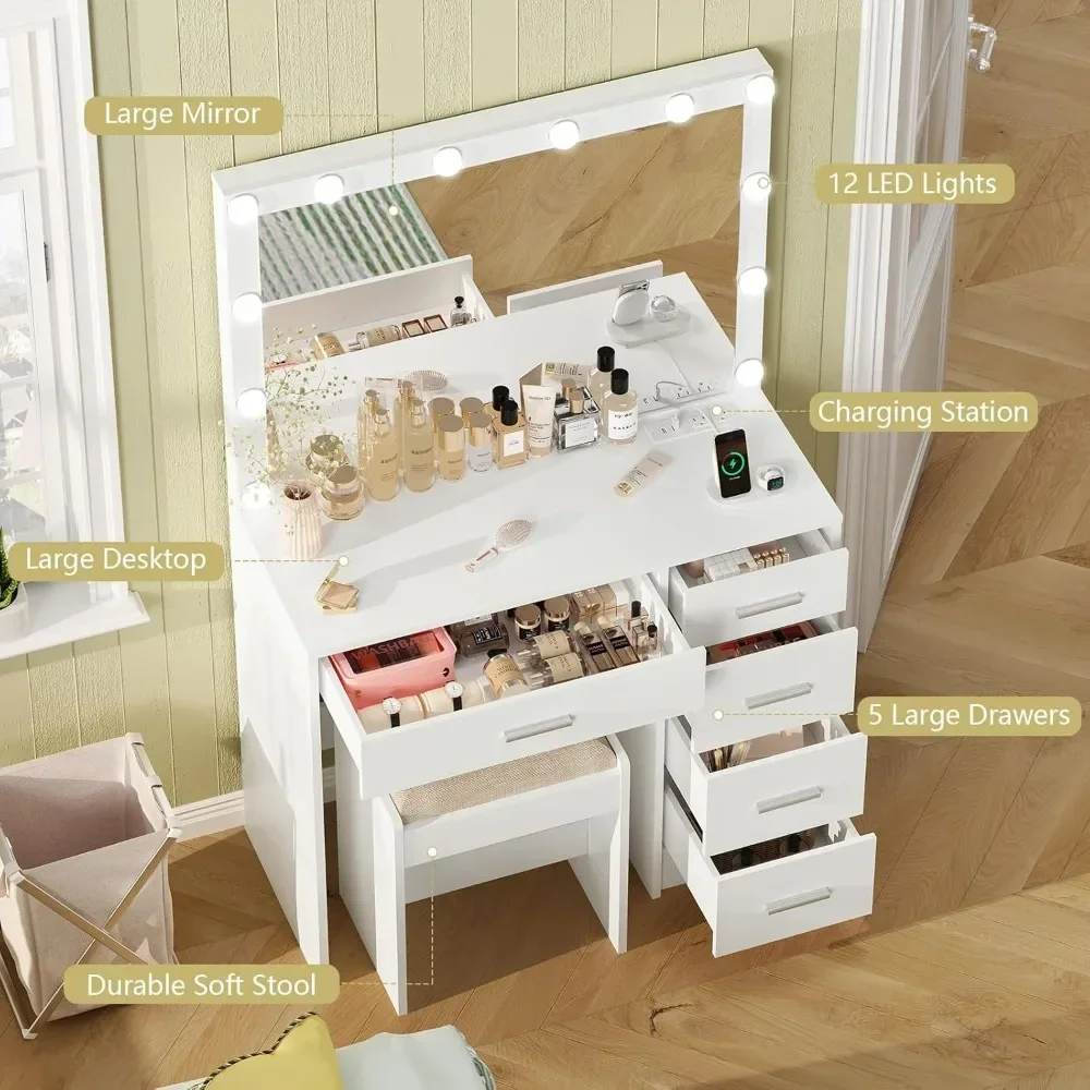 Vanity Desk Power Outlet Drawers Large Mirror Dressing Table Stool