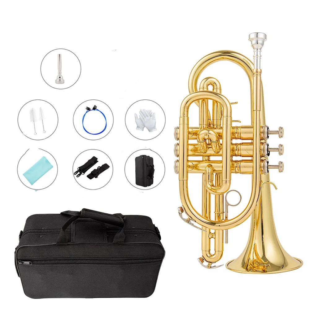 Professional Bb B Flat Cornet Gold Plated Brass Wind Instrument High Quality With Mouthpiece Gloves Cleaning Cloth Carrying Case