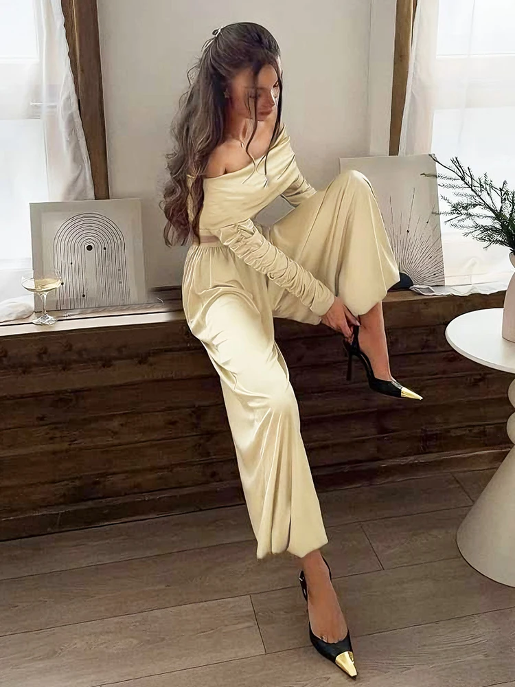 Nibber Fashion 2-Piece Set Women Slash Neck Folds Full Sleeve Crop Tops+Elastic Waist Pants Casual Solid Commute Elegant Suits