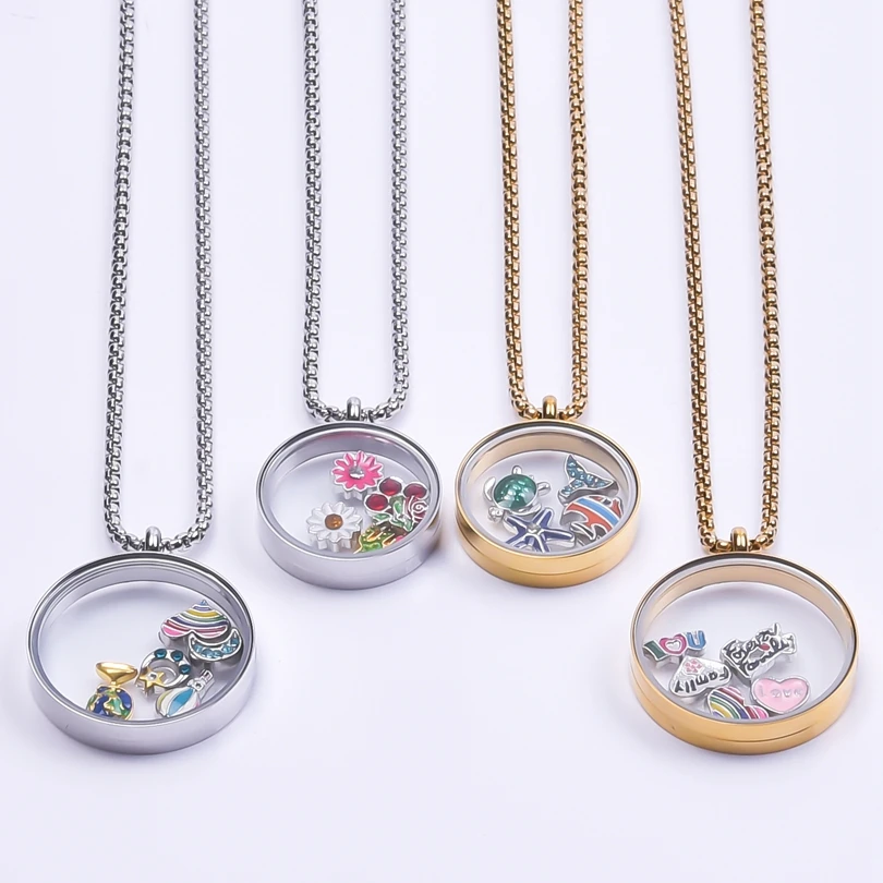 5Pcs Lot Stainless Steel Clear Round Floating Photo Memory Locket Pendant Necklaces Living Relicario Women Collares