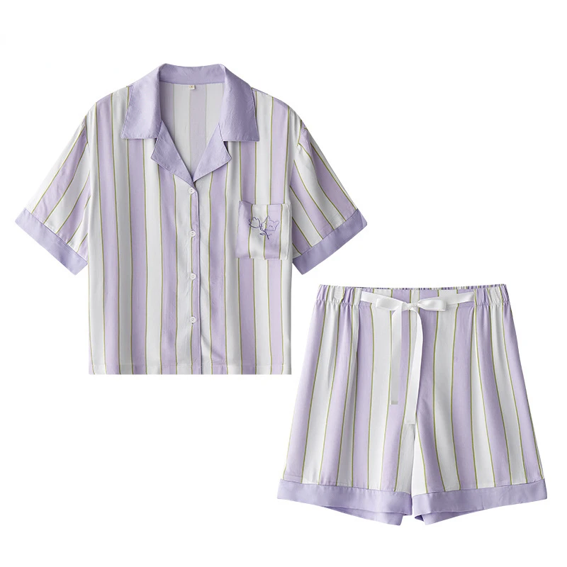 

2022 Summer Rayon Satin Ladies Short Sleeve Shorts Pajama Set Women Advanced Jasmine Purple Stripe Pijamas 2 Piece Set Home Suit