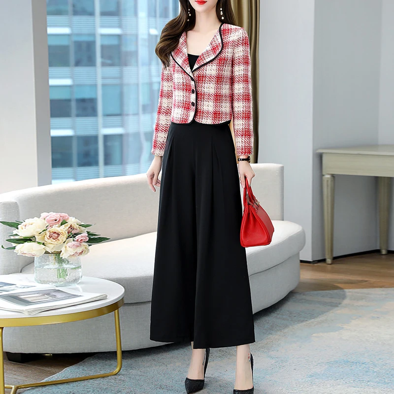 

Женский комплект из двух предметов, элегантный укороченный Топ с длинным рукавом, клетчатый пиджак и прямые широкие брюки, комплект из двух предметов, весна-осень