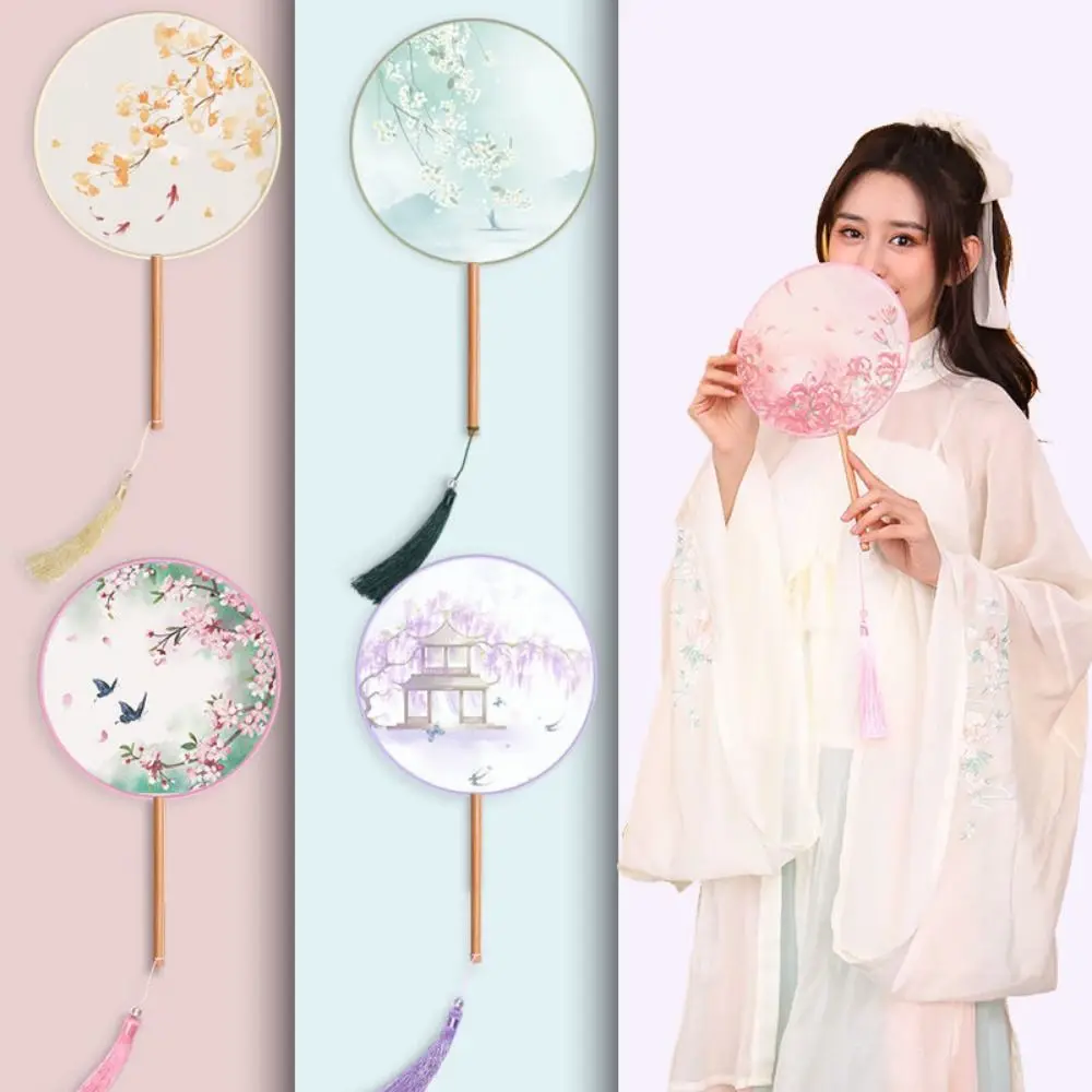 Hand Fan Chinese Style Round Hand Fan Ink Painting Ancient Dance Silk Fan Tassel Long Handle Embroidery for Hanfu