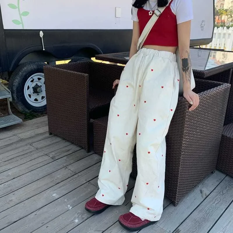 Korean Women's Sports Pants Cute Wide Leg Pants Fashion Love Embroidered Joker Pants Women's Harajuku Sports Pants Beige 2023