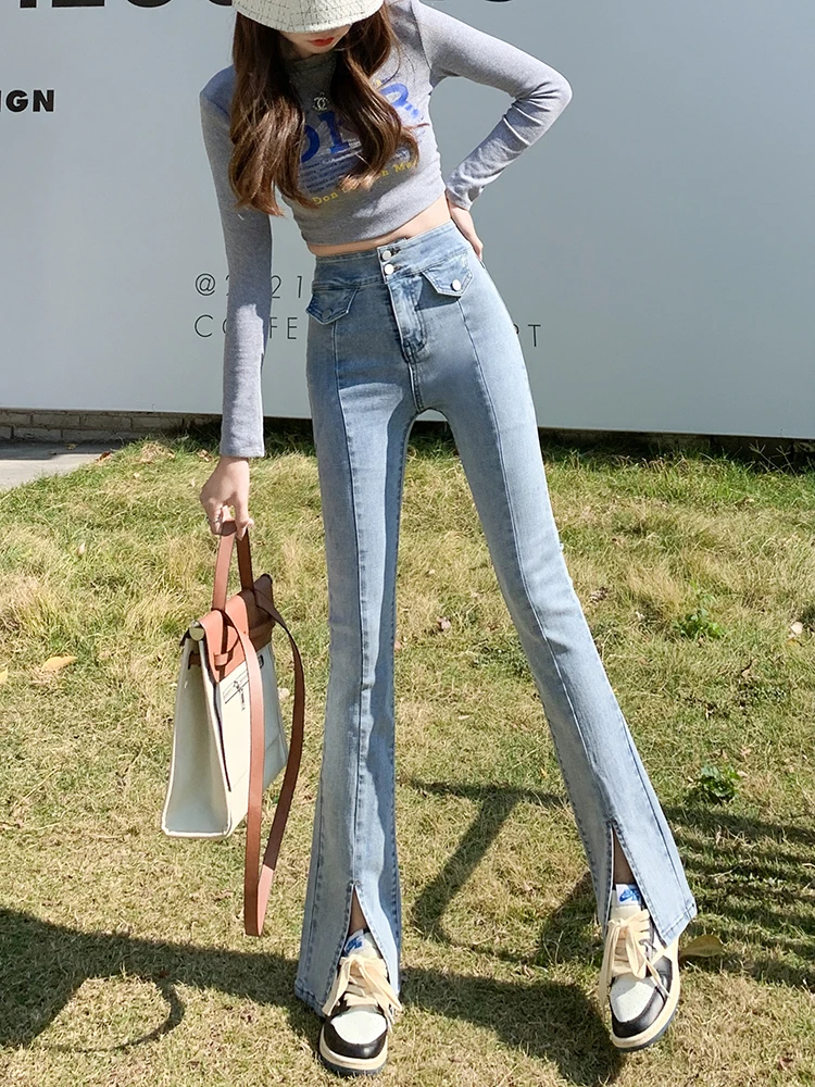 High Waist Double Breasted Jeans For Women Summer Split Flare Denim Pants Skinny Full Length Jean Trousers Female 0816 paige jeans