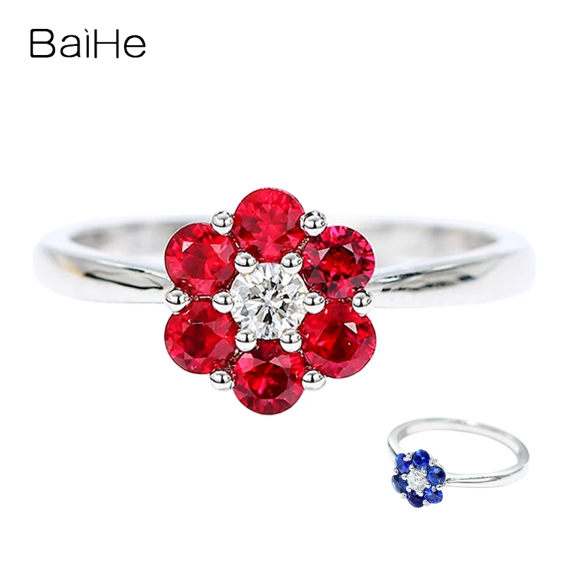 

BAIHE Real Solid 14K White Gold Natural Ruby/Sapphire Natural Diamond Flower Ring Women Trendy Engagement Fine Jewelry Making