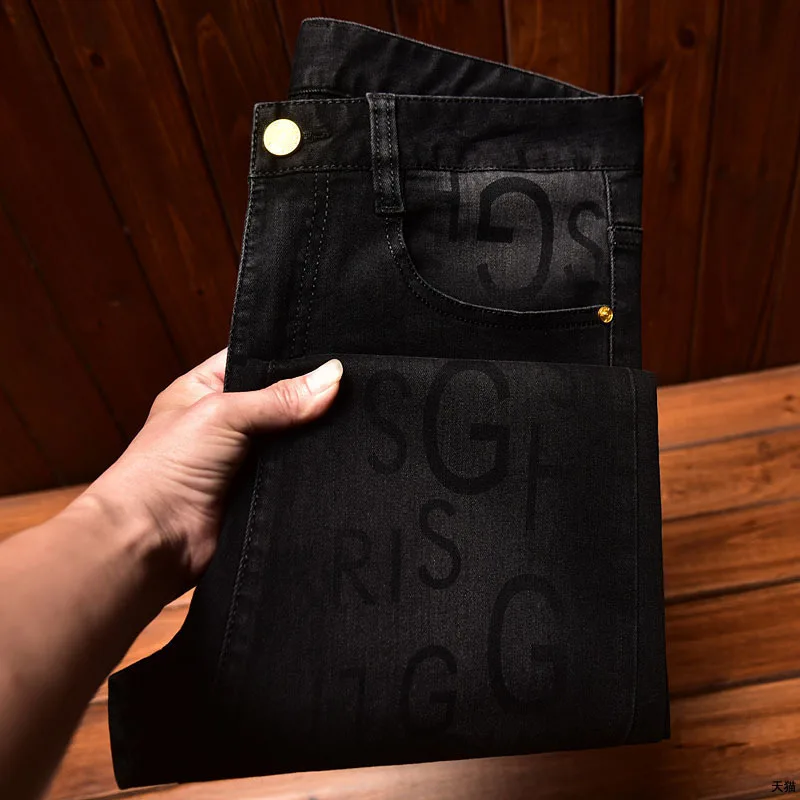 2024new light luxury black jeans men's high-end slim fit skinny stretch casual all-matching fashion printed trousers