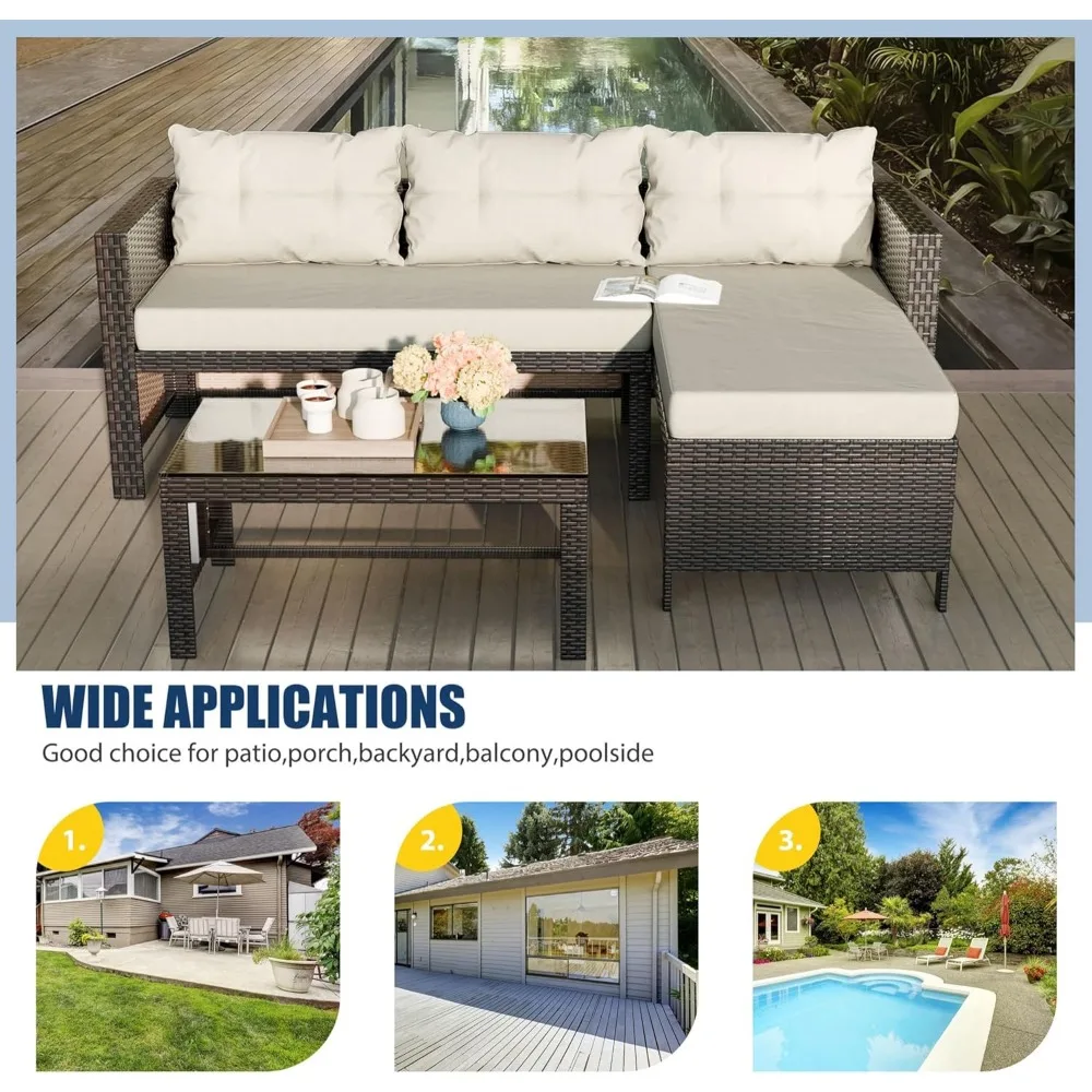 3 Piece Patio Furniture Sets, All-Weather PE Wicker Outdoor Sofa Couch Sectional Set, Small Conversation Set for Garden/Patio 5