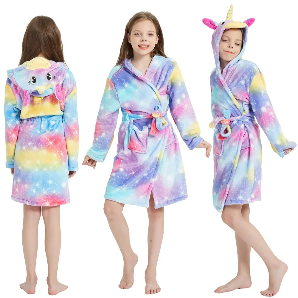 Kigurumi Children Bathrobe Baby Bath Robe Animal Rainbow Unicorn Hooded Bathrobes For Boys Girl Pyjamas Nightgown Kids Sleepwear