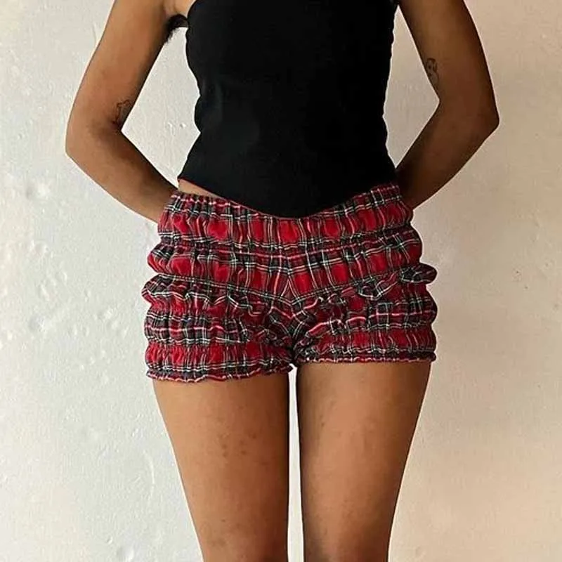 Cottage Plaid Print Shorts Low Rise Frill Tiered Slim Fit Short