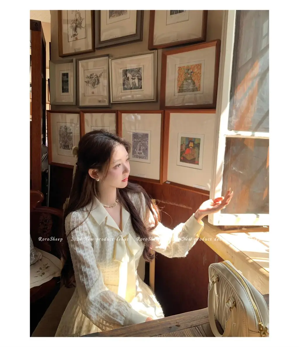 Elegant Vintage Lapel Midi Dresses for Women Bow Long Sleeve Birthday Party Dress A-line Autumn New Korean Fashion Vestido Mujer