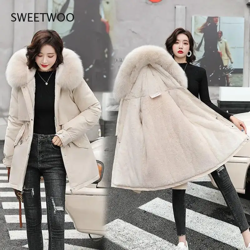 2021 New Winter Jacket Women Parka Fashion Long Coat Wool Liner Hooded Parkas Slim with Fur Collar Warm Snow Wear Padded Clothes