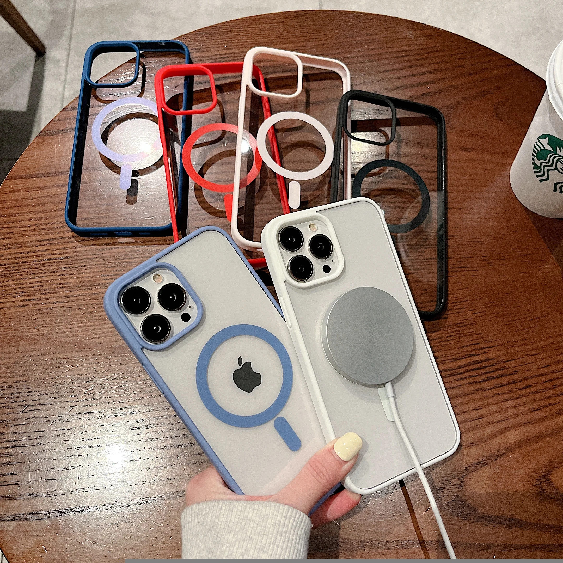 iPhone 15 14 13 12 11 Pro Max Mini XS XR 하드 아크릴 커버 용 Magsafe 자기 무선 충전 케이스 용 다채로운 투명