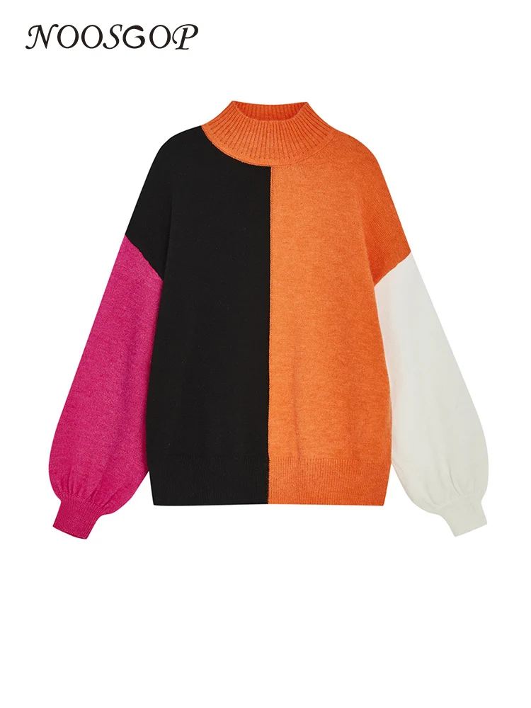 

NOOSGOP Geometric Orange Hot Pink Black Color Blocks Women Pullover Sweater Knitwear Mock Neck 2022 Autumn Winter Warm Clothing