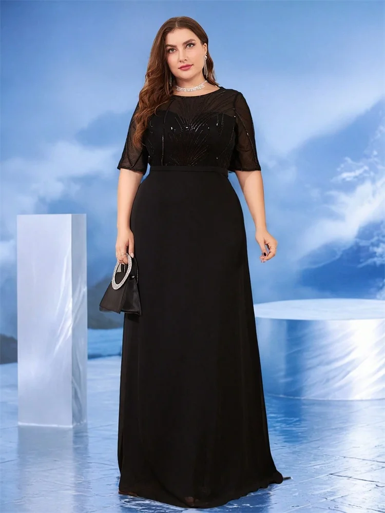 Plus Size Elegant Short Sleeves Sequin Formal Evening Dress Women Chiffon Black Mermaid Bridesmaid Party Maxi Prom