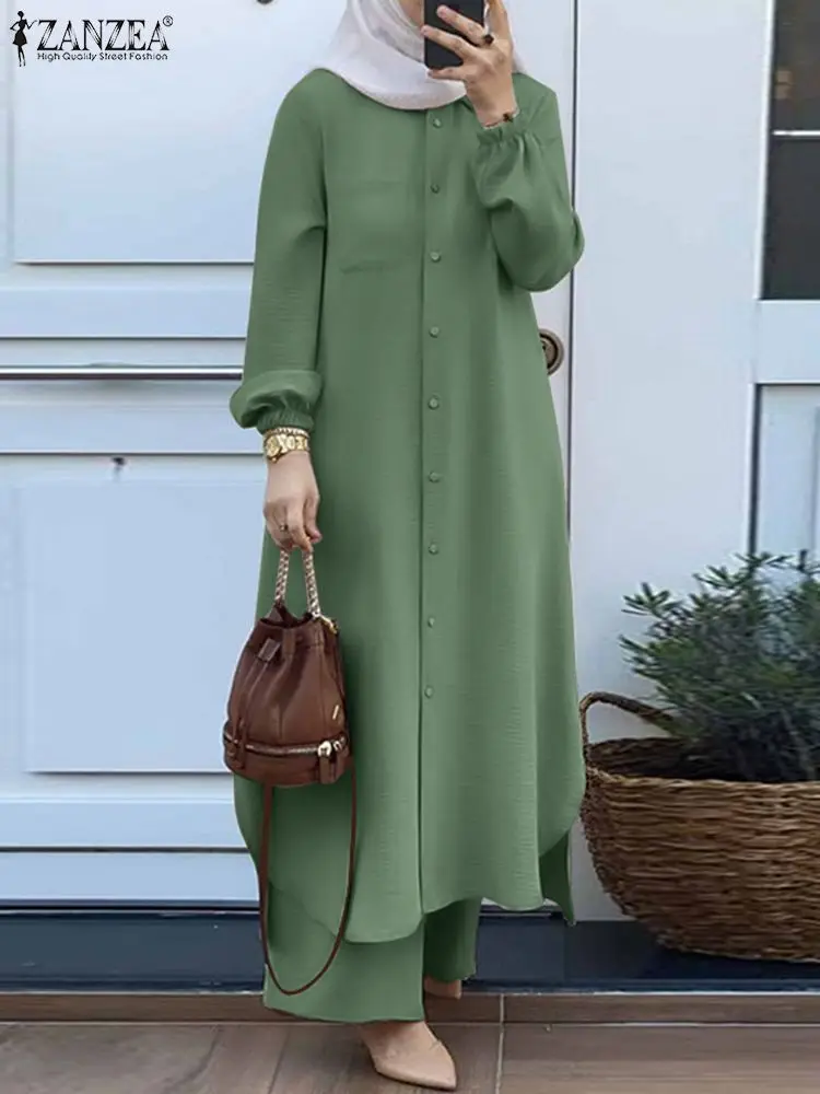 Muslim Sets ZANZEA Vintage Muslim Suit Lapel Neck Long Sleeve Blouse Pant