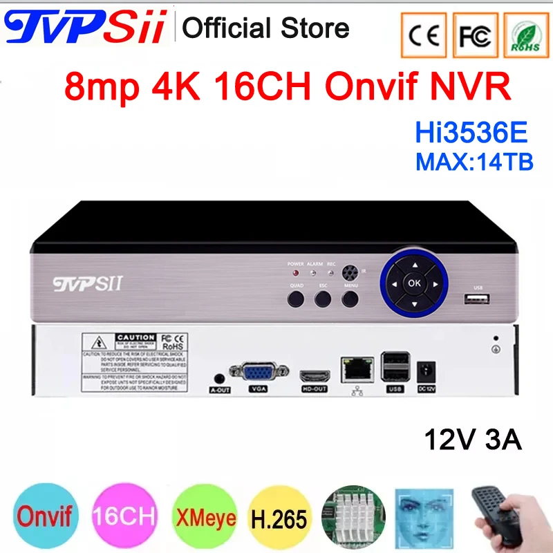 Silver Panel 12V 3A Hi3536E Auido H.265+ 8mp 4K 16CH 16 Channel Face Detection Onvif CCTV NVR DVR Surveillance Video Recorder