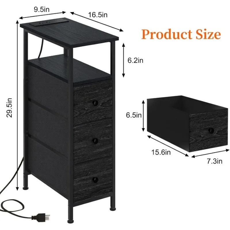 Narrow Side Table with Charging Station, Small Nightstand with 3 Fabric Drawers, Skinny Bedside Table, Slim End Table for 2