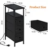 Narrow Side Table with Charging Station, Small Nightstand with 3 Fabric Drawers, Skinny Bedside Table, Slim End Table for 2