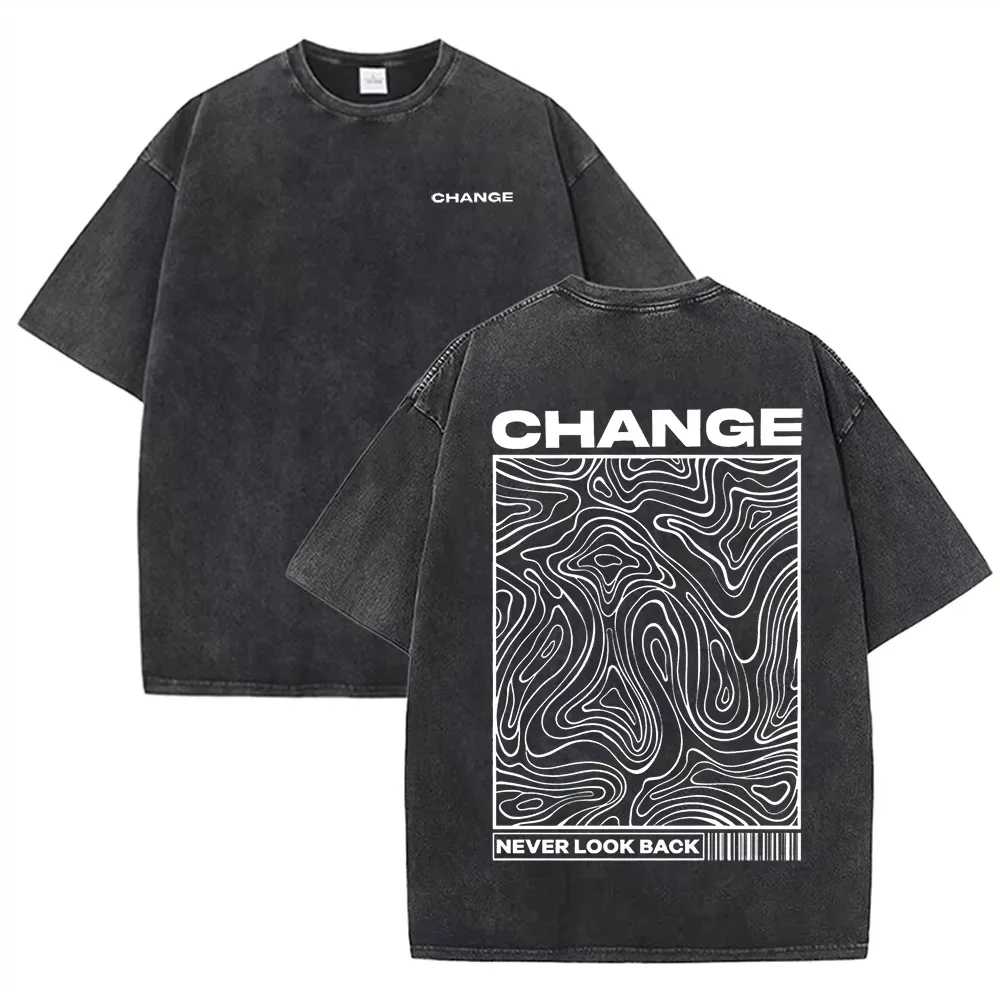 Minimalistisches T-Shirt mit Aufdruck „CHANGE Never Look Back“ in gewaschenem Schwarz im Streetwear-Stil