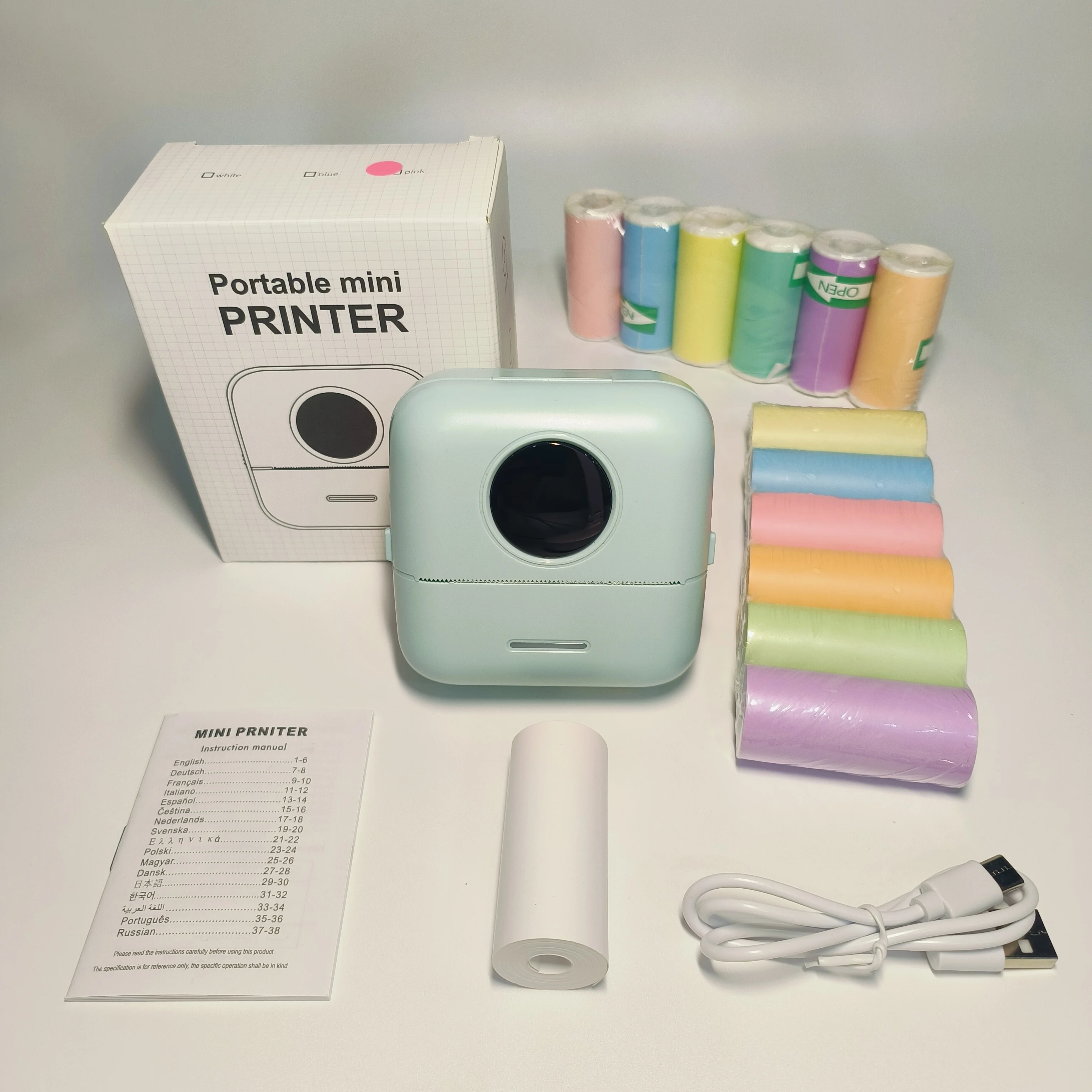 귀여운 휴대용 무선 미니 프린터 라벨 메이커 키트 (6색 감열지 및 6개 스티커 롤 포함), 야외/파티/부모님께 이상적