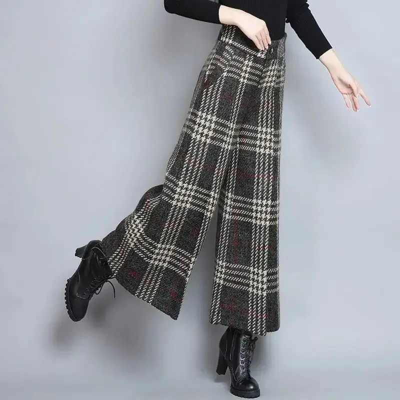 

Fashion High Waist Wide Leg Pants Women Spring Autumn Thicken New Plaid Casual Loose Vintage Aesthetic Woolen Trousers A52