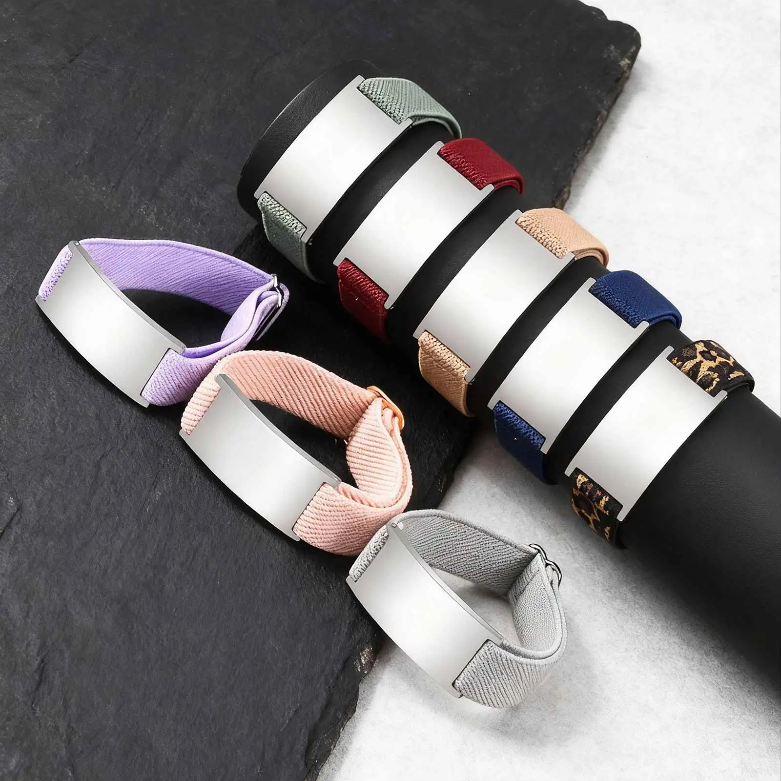 Personalized Elastic Fabric Nylon Bracelets for Men Women,Carving Name Sentence Friend Stainless Steel Wristband,Jewelry Gifts