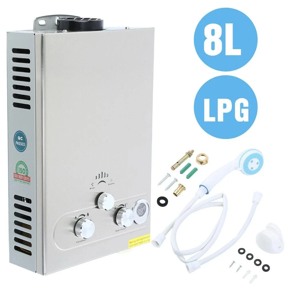 

8L Propane Gas LPG Boiler Instant 2GPM Tankless Hot Water Heater Stainless Steel LCD With Shower Head