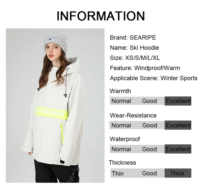 SEARIPE Ski Hoodie Breathable Waterproof Thermal Clothing Sweatshirt Winter  Warm Suit Snow Jacket Women Men Outdoor Equipments