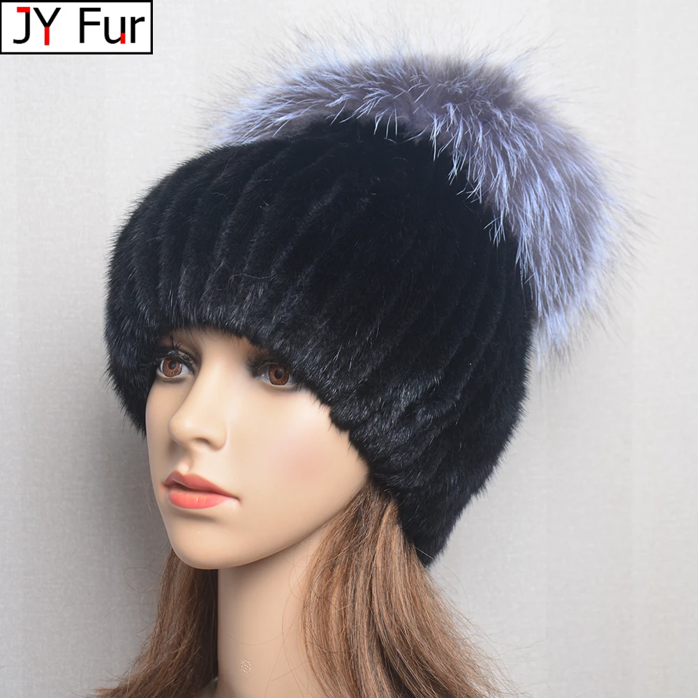 

New Luxury Women Winter Mink Fur Hats Knitted Real Mink Silver Fox Fur Caps Female Russian Winter Warm Real Fur Beanies Hat