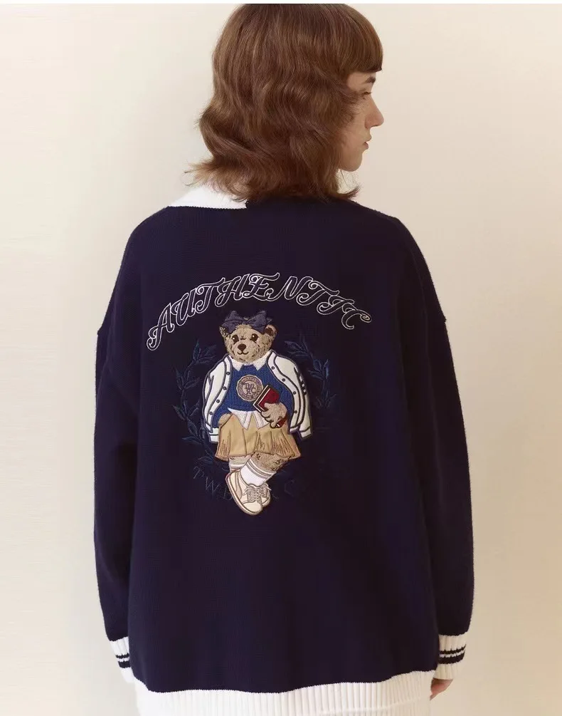 

preppy bear embroidery cardigans for teens dakr blue color full sleeves oversize loose causal sweater coat jackets clothes