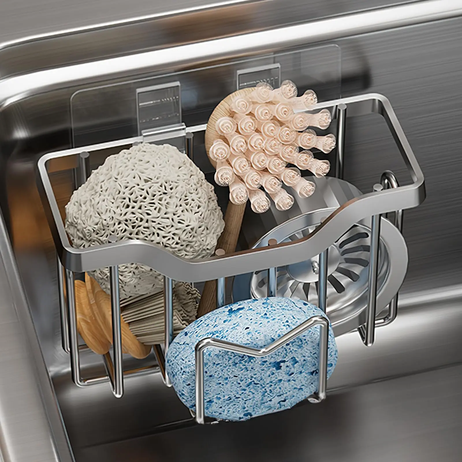 

Sponge Holder Kitchen Sink Rustproof Stainless Steel Kitchen Sink Organizer with Brush Holder Drain Tray Dish Soap Sink Caddy