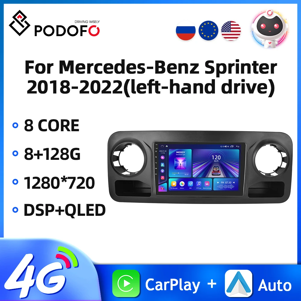 

Автомагнитола Podofo, 2DIN, Android, для Mercedes-Benz Sprinter 2018-2022, мультимедийный плеер Carplay, Android, GPS-навигация, 4G, Wi-Fi