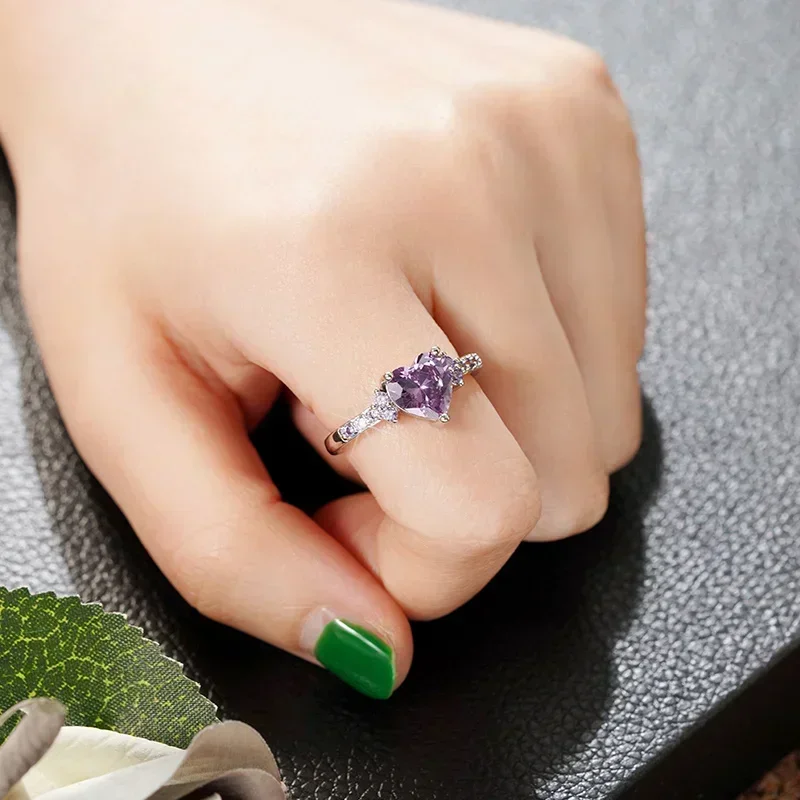 Charming heart purple cubic zirconia rings for women wedding ceremony party bridal accessory wedding rings womens ring cubic zircon ring jewelry rings ring jewelry