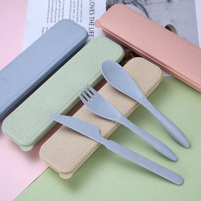 Wheat Tableware Three-piece Set Portable Cutlery Box Set Plastic Cutlery for Students Children Office Workers