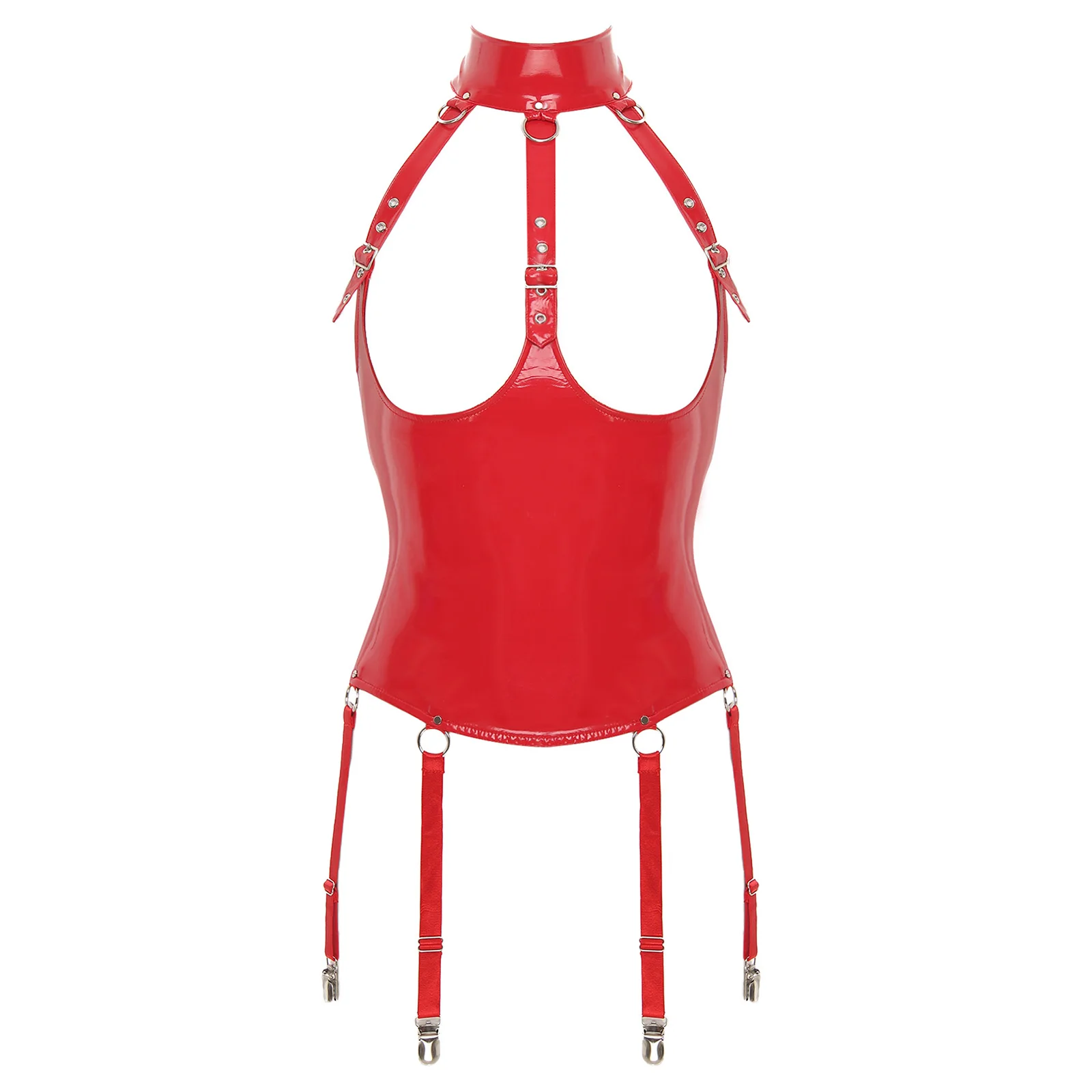 

Womens Shiny Wet Look Patent Leather Crop Top Metal Buckle O Ring Hollow Out Camisole Top Backless Vest Tops with Garter Clips