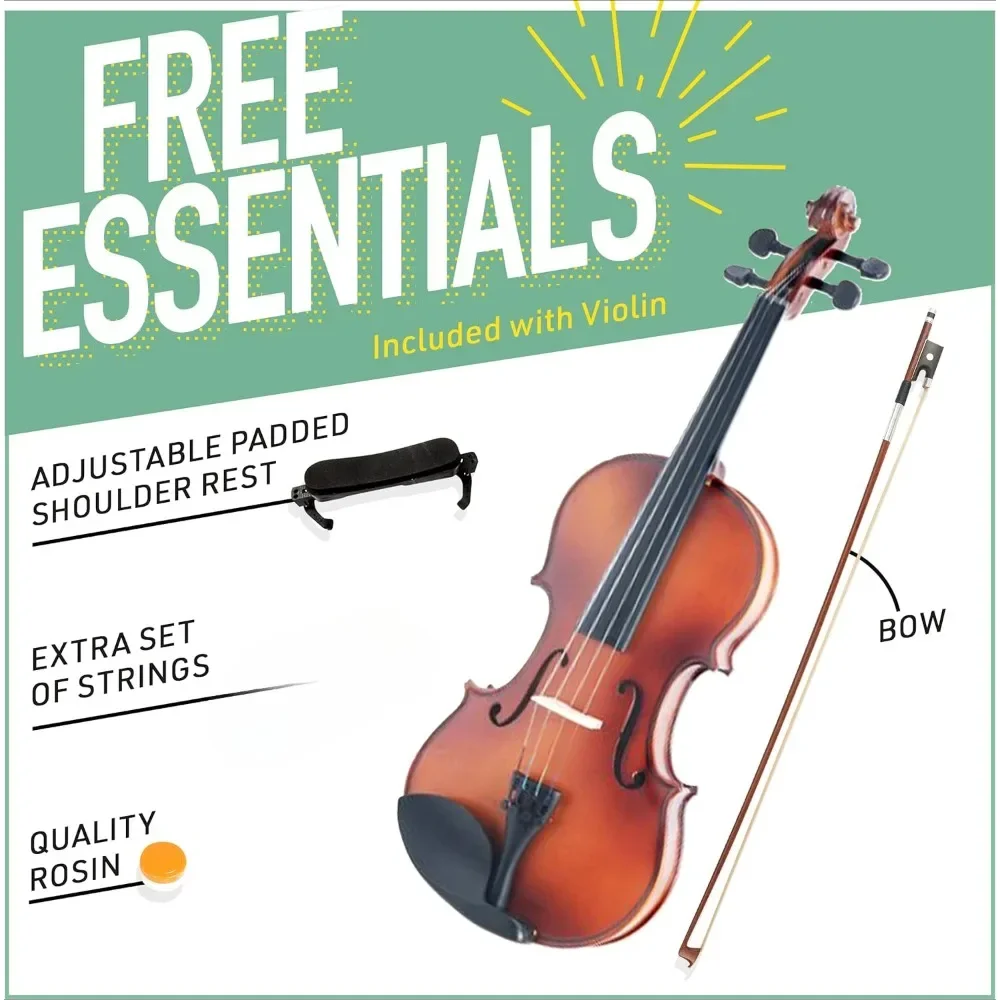 Violin for Beginners, Beginner Kit for Student W/Hard Case, Rosin, Bow-Starter Violins, Wooden Stringed Musical Instruments