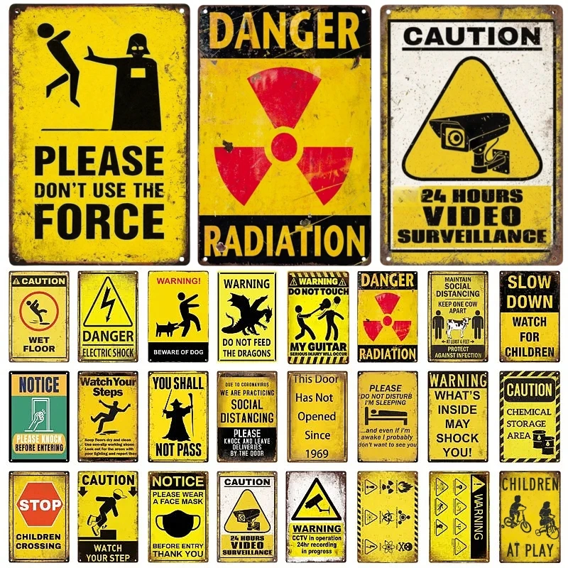 Vintage sinal de aviso para crianças, estanho sinal, zona de aviso, vedio placa retro, homem caverna, garagem, perigo, porta, parede decoração