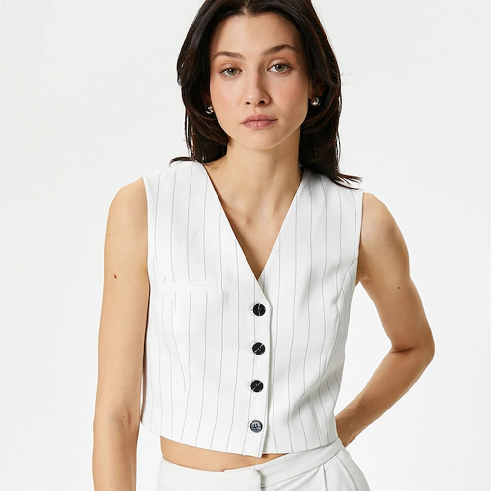 Sunmmer Wasitcoat Women Clothing Vests for Women V-Neck Female Fashion Casual Single Breasted Loose Stripe Clothes Coats Jackets