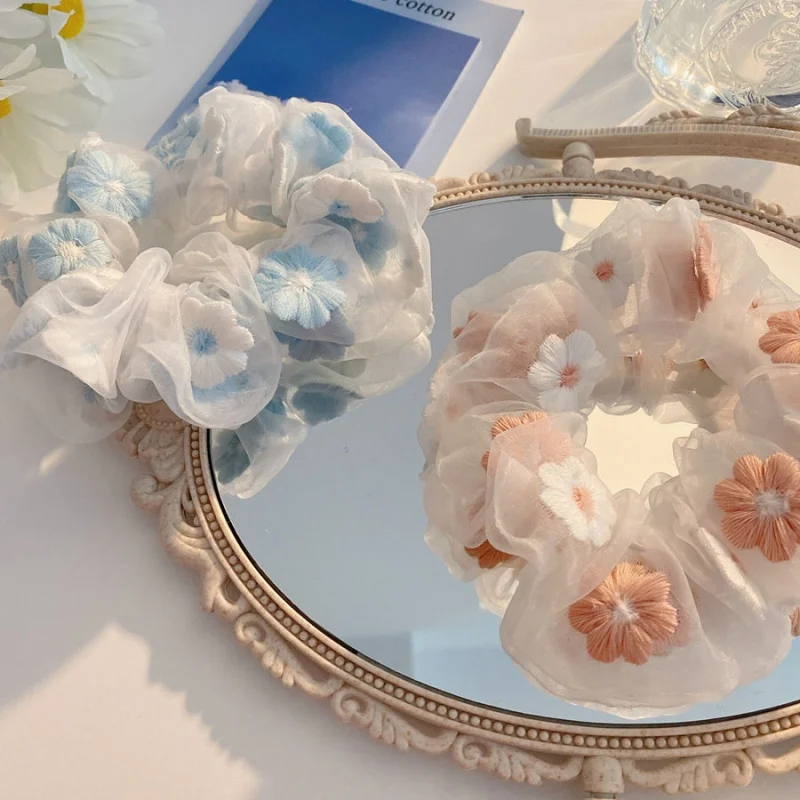 Sweet Embroidery Flower Hairband Super Fairy Mesh Pink and Blue Embroidery Flower Hair Accessories Mesh Girls' Hair Accessories