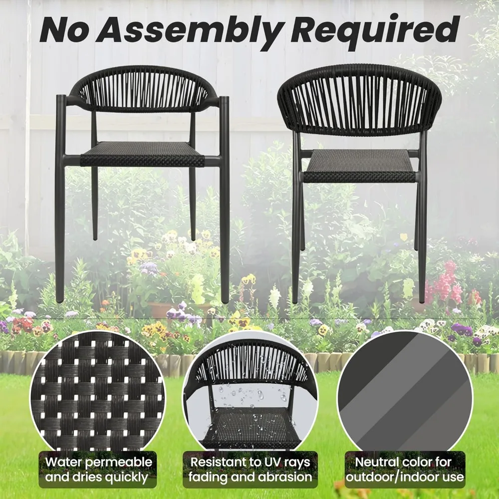 4 Pcs Stackable Dining Chairs, Aluminum Rattan Outdoor Dining Chair with Arms, Woven Rope Patio Armchair Metal No Assembly 6