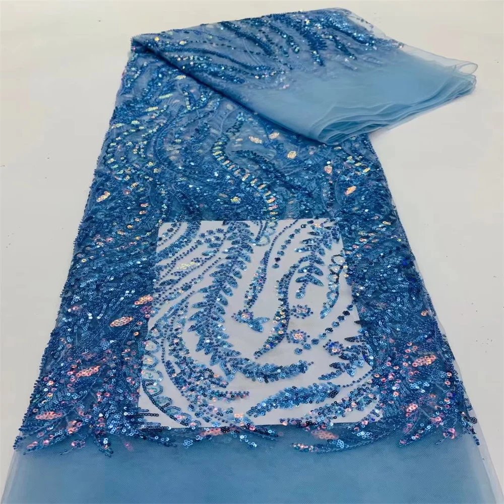 

2023 High Quality African Nigerian Tulle Lace Fabric With Sequins Embroidery Sewing Guipure Net Cloth Prom Dresses Beads 5yards