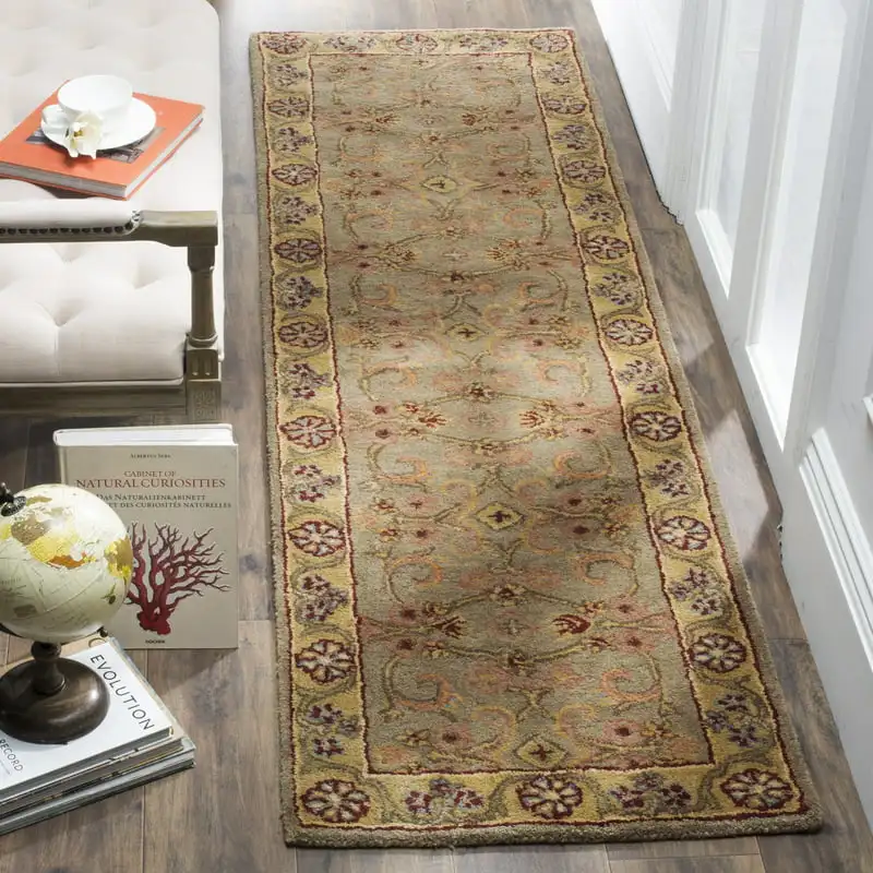 

Simonette Floral Wool Runner Rug, Light Green/Gold, 2'3" x 12'