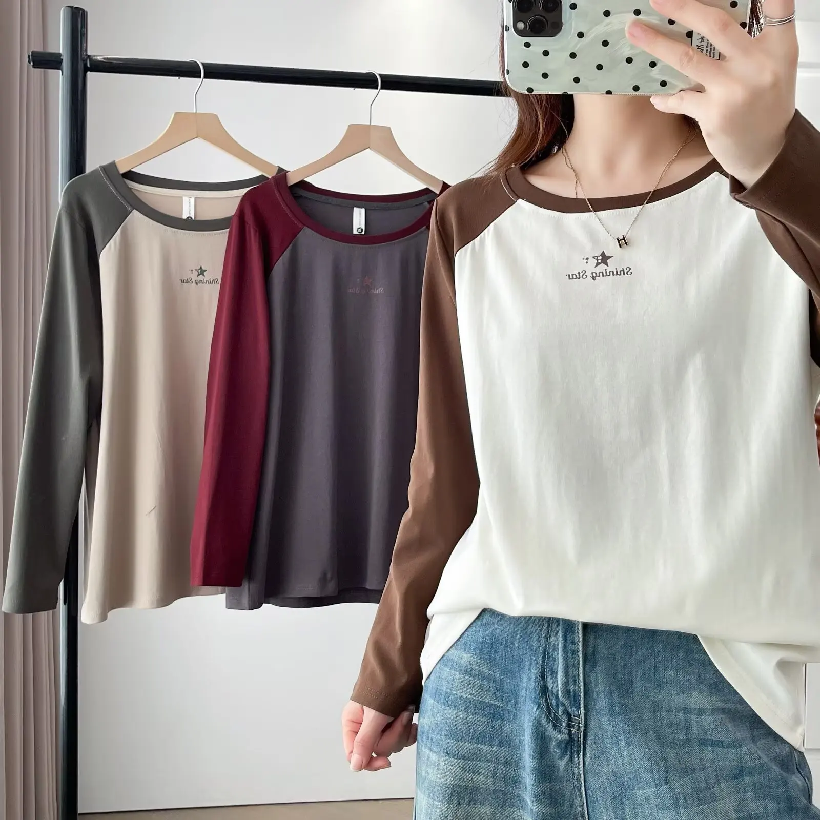 Fashion Plus Size Women's T-Shirt Autumn New Style Basic Casual Color Blocking Printed Long Sleeve Tops 2555