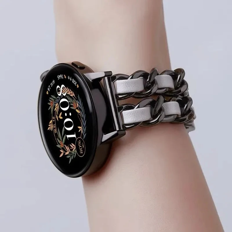 Leather+Stainless Steel Chain Watchband for Huawei Gt3 Pro 43mm 20mm Fashion Bracelet Strap for Gt2 42mm/GT3 42mm Smartwatch