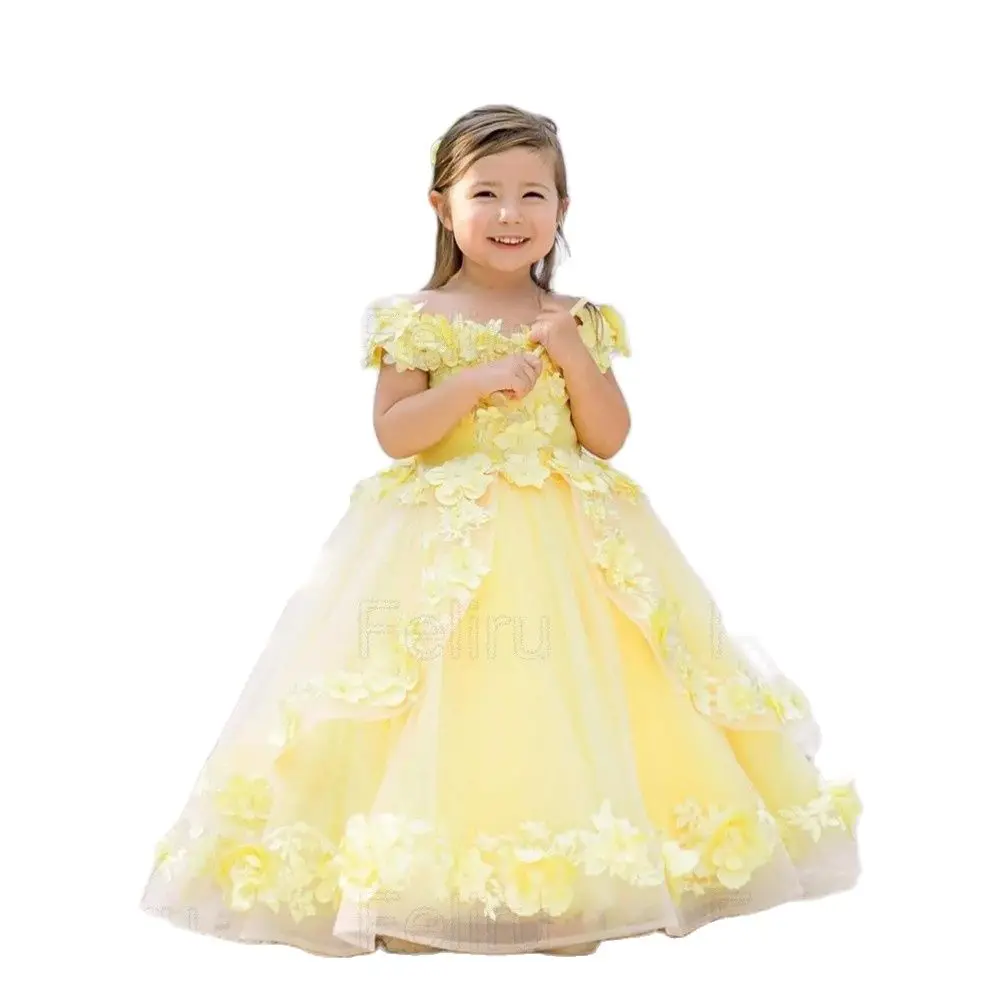

Floral Appliqued Flower Girls Dress Kids Tulle Yellow Girl Party Gowns Baby Wedding First Communion Bridesmaid Birthday Wears