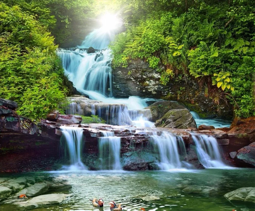 paisagem natural, floresta, pintura a água fluindo,